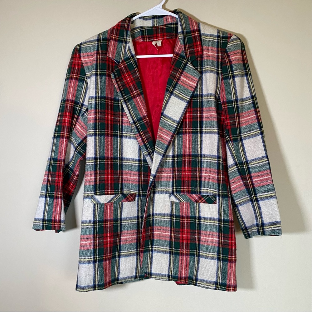 Chad Stevens tartan ivory plaid Christmas blazer open women’s small